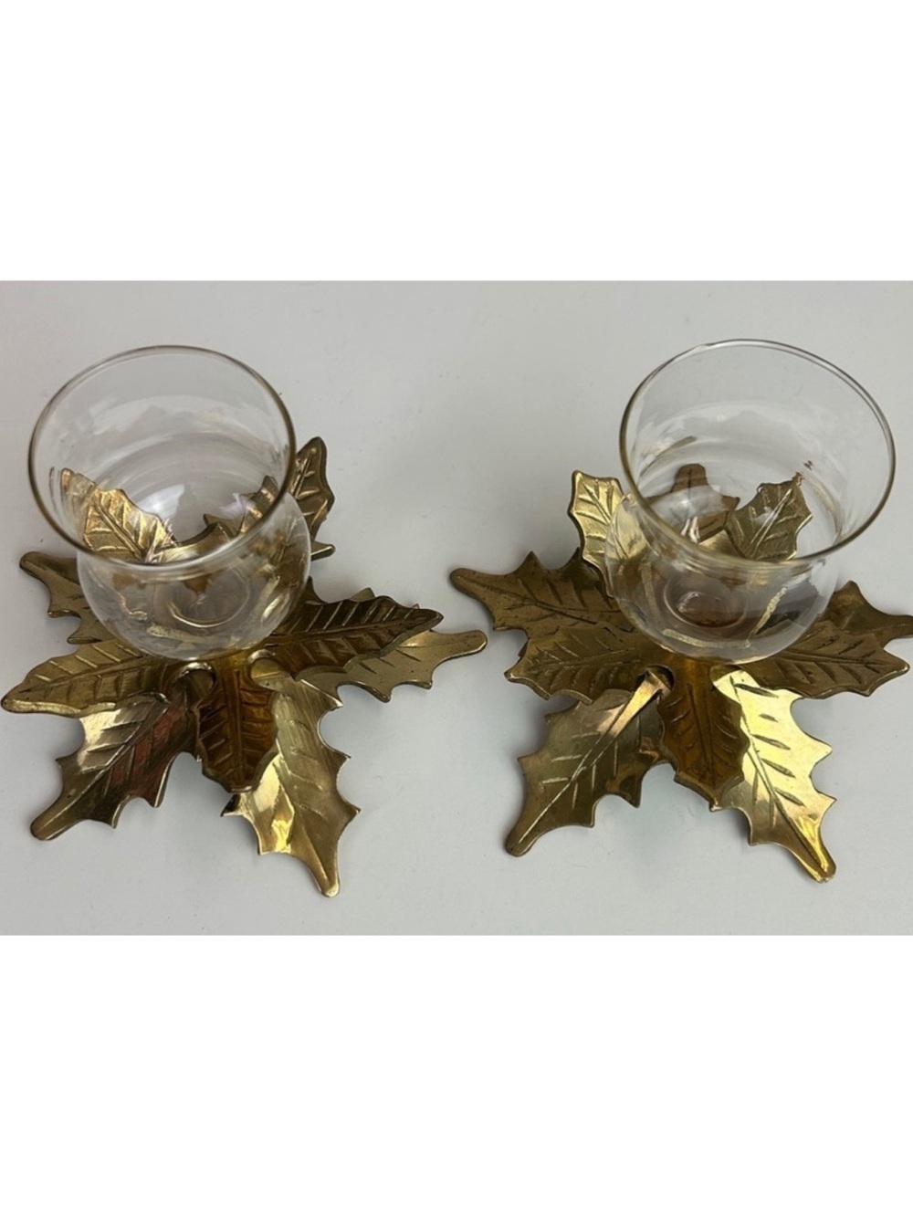 Two Solid Brass Holly Leaves Candle Holders With Glass Globes Vintage